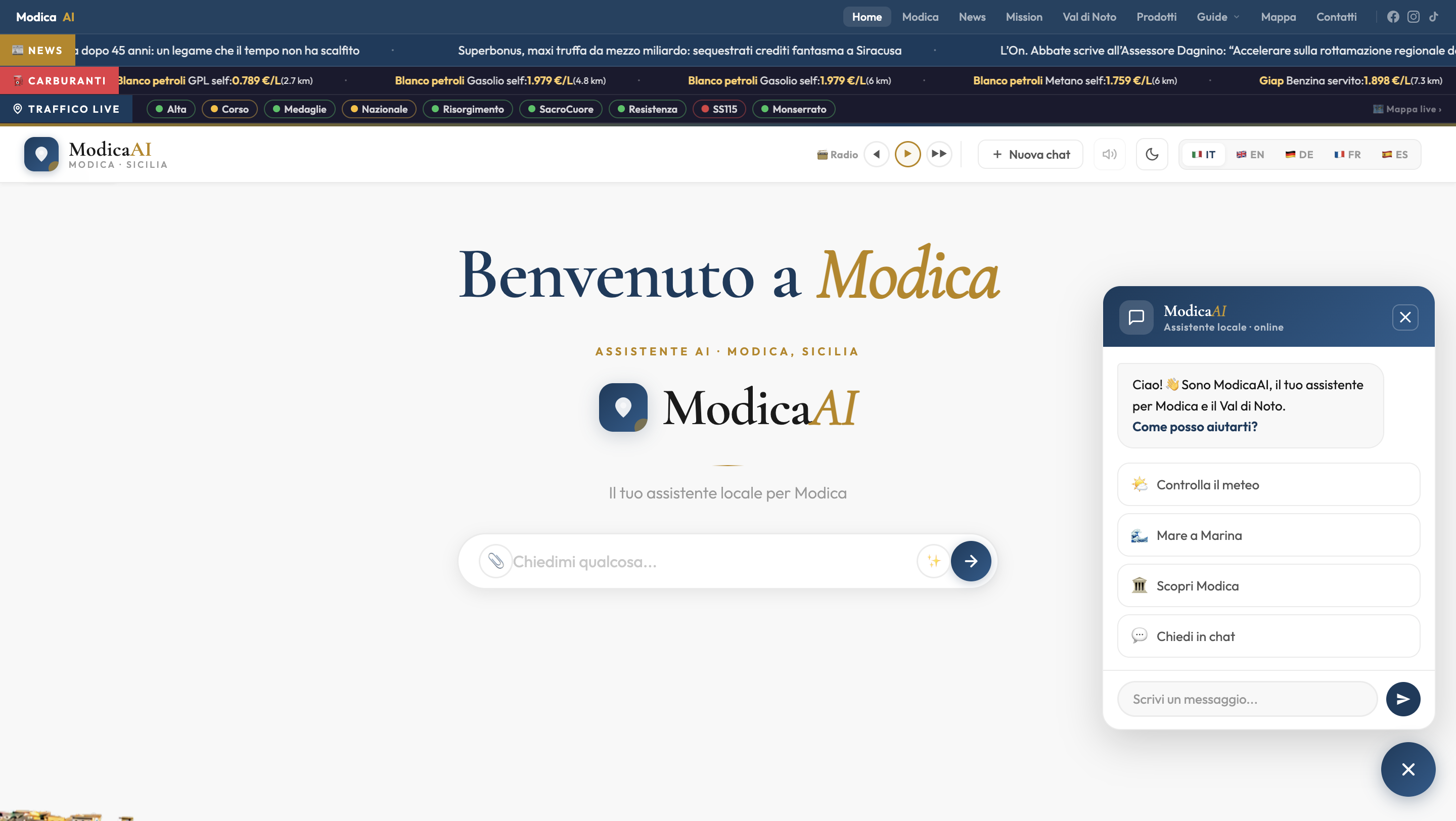 Screenshot del sito ModicaAI.it - assistente AI territoriale per la città di Modica